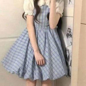 귀여운 키작녀 공주풍 페이크투피스 퍼프 소매 블라우스 레이어드 체크무늬 뷔스티에 원피스