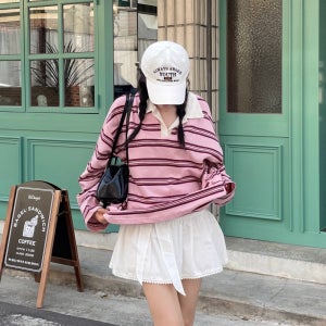 여성 긴팔 럭비 티셔츠 스트라이프 단가라 루즈핏 오버핏 빅사이즈 카라 긴팔티