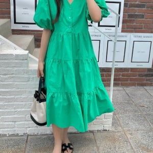 한정수량 원가세일] 당일발송-컬러 퍼프 브이넥 티어드 원피스