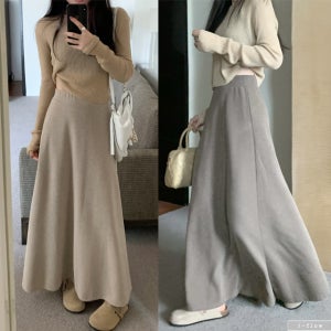 르브로 밴딩 A라인 맥시 니트 롱스커트 4col 가을 겨울 플레어 데일리 코튼 제이플로우