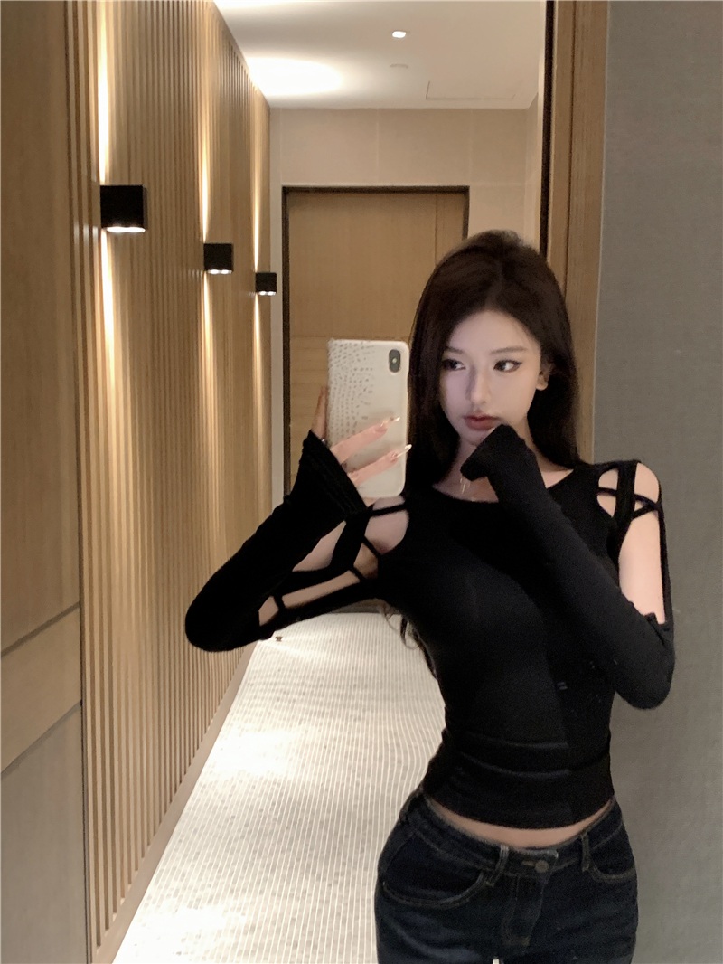 홀복 섹시 블랙 컷아웃 슬림핏 긴팔 티셔츠