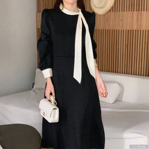 해인 배색 매듭 리본 퍼프 롱원피스 2col 가을 봄 하객 모임 고급원사 실키 제이플로우