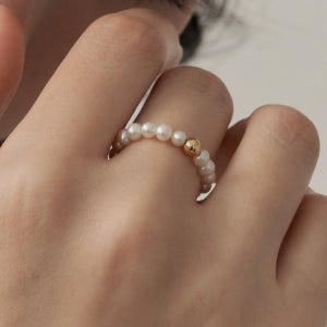 골드무드 14K 금볼 담수 진주 금 반지 - 4mm 골드볼 금볼 프리사이즈 고무줄 레이어드