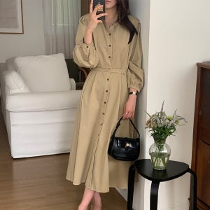 봄 셔츠 롱원피스 퍼프소매 벨트 A라인 하객룩 베이지