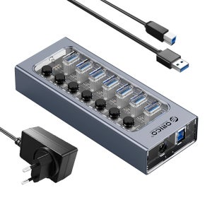 오리코 유전원 USB3.0 허브 7포트 12V아답터 투명 알루미늄 5Gbps 개별스위치 AT2U3-7AB