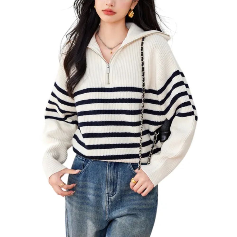 여성 오버핏 스트라이프 반집업 하프집업 니트 스웨터 아이보리 블랙