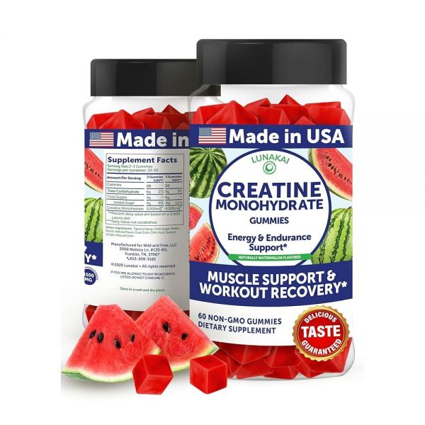 Lunakai USA Made 크레아틴 모노하이드레이트 젤리 여성 및 남성용 - 근육 및 회복 지원을 위한 비건 크레아틴 젤리 - <b>운동 전</b> 보충제, 60개입