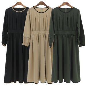 캐주얼 편안한 핀턱 봄 가을 40대 중년여성 허리밴딩 플레어 긴팔 원피스