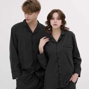 [도씨][2PACK]실크핏 모던 블랙 긴팔 카라 커플 잠옷 세트 홈웨어