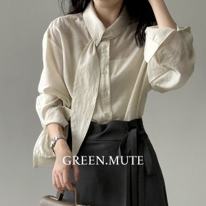 헤닝 여성 매듭 타이 리본 실키 스커프 언발 롱셔츠 하객룩 오피스룩 가을 봄 그린뮤트