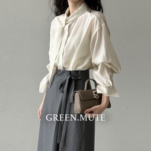 헤닝 매듭 타이 실키 언발 롱셔츠 하객룩 가을 봄 그린뮤트