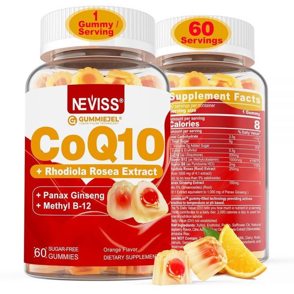 무설탕 <b>CoQ10200mg</b> 400mg 충전 젤리 2개월 분량 비타민 B12 1000mcg 로디올라 비강진 인삼 포함 B6 코엔자임 Q10 보충 60 Count (Pack of 1)