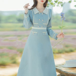 스카이블루 진주버튼 트위드 각카라 원피스 경성의상