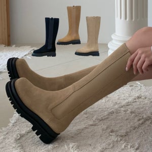 리얼 소가죽 스웨이드 지퍼 워커창 밴딩 첼시 롱부츠 5cm
