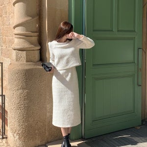 여성 하객룩 트위드 원피스 가을 겨울 투피스 화이트 블랙 직장인 롱 원피스 77 88