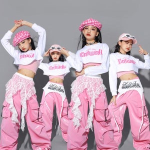 코드루이스 주니어 귀여운 핑크 광택 팬츠 화이트 크롭탑 방송 댄스복 걸크러쉬 걸그룹 걸스힙합
