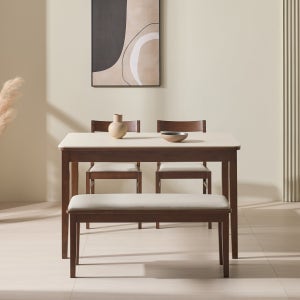 네오 고무나무 원목 포세린 세라믹 식탁세트 4인용 테이블+의자2+2인 벤치, 1200mm, 월넛