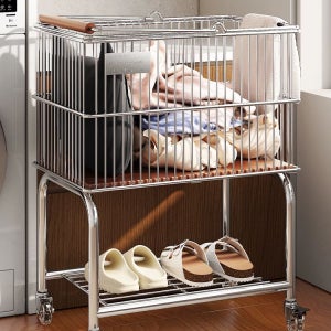 스텐 빨래바구니 이동식 실버 수거함 바구니 철제 빨래 바스켓 중고 2층 더러움 수레 전기 도금