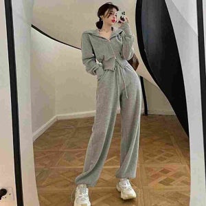 엄마등원룩 여자 캠핑복장 크롭 후드 집업 트레이닝셋업 S-XL