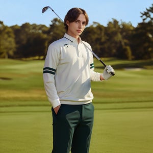남성 더블라인 소매배색 카라넥 긴팔 티셔츠 화이트