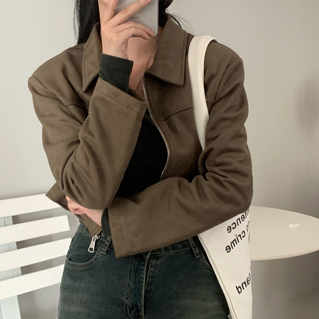 프라이데이나잇 여성 가을 스웨이드 크롭 집업 자켓 미니멀 숏자켓 숏