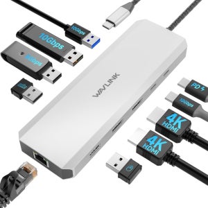 USB허브 WAVLINK 10Gbps 노트북 도킹스테이션 듀얼HDMI 100W PD 실버