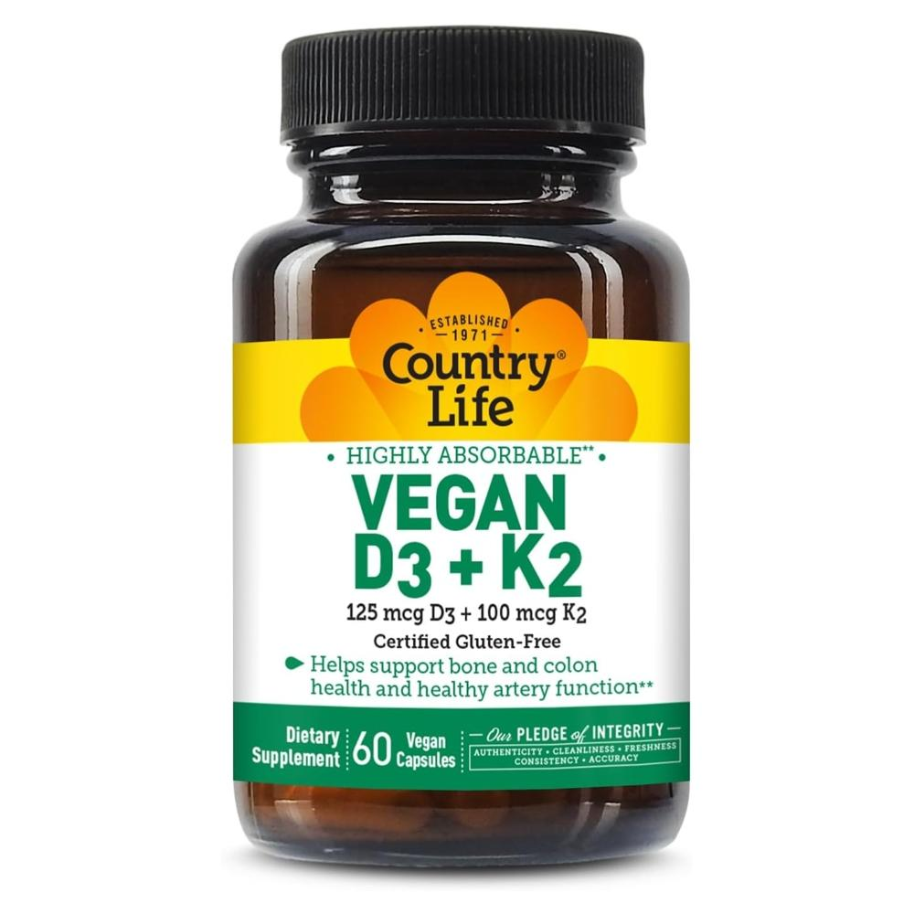 <b>컨트리 라이프 비타민</b> D3 5,000 IU + <b>K2</b> MK7 100 mcg 60 비건캡슐