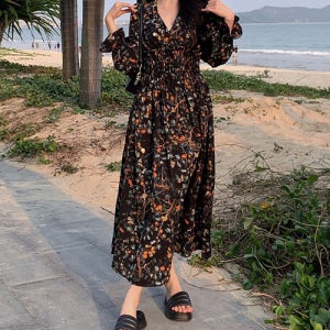 [루씨앤] 모네스 여성 캐쥬얼 면원피스 빅사이즈 데일리 가을 플라워 롱 원피스 8766