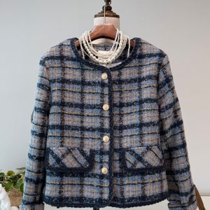 금장 단추 노카라 체크 트위드 자켓 2컬러