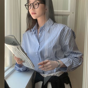 가을 스트라이프 셔츠 오피스룩 직장인 여성 루즈핏 긴팔 줄무늬 와이셔츠 핑크 베이지 스카이