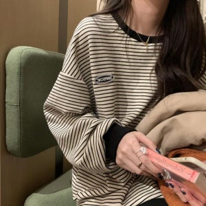 스트라이프 맨투맨 보이핏 루즈핏 데일리 간절기 티셔츠