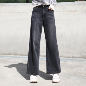 동대문스타일 워싱블랙 히든밴딩 스판 와이드 데님 팬츠 빈티지 흑청 통청바지 BY3616