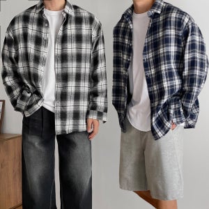 1+1 남자 플란넬 체크 셔츠 가을 남방 난방 구김없는 오버핏 커플 셔츠