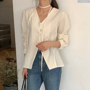 네페 브이넥 타이 자수 블라우스 2col 가을 봄 하객룩 페미닌 긴팔 제이플로우