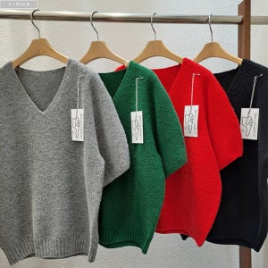 노빈 울 홀가먼트 브이넥 반팔 니트 4col 가을 봄 데일리 시보리 퍼프 제이플로우