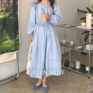 루나 핀턱주름 볼륨퍼프 허리끈 코튼 롱원피스 가을 봄 그린뮤트