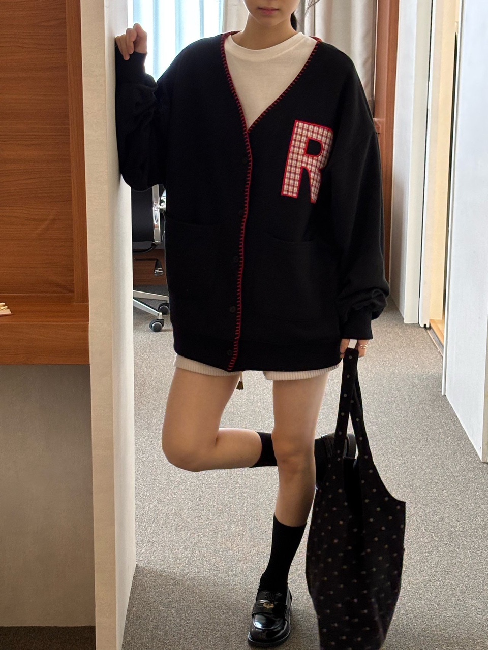 로니아이 R패치 코튼 가디건 ,오버핏 ,빅사이즈