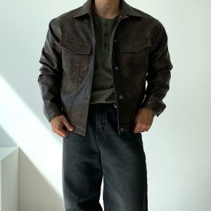 남자 더블 포켓 레더 트러커 가죽 자켓