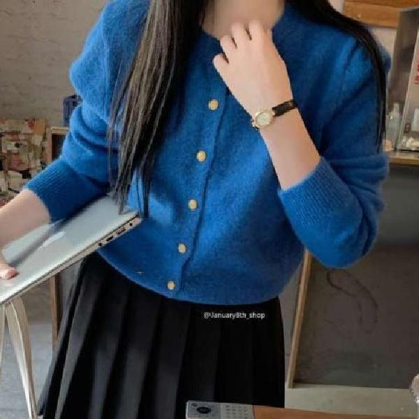 코발트블루가디건 가을 파란색 파랑색 니트가디건 간절기 소프트 크루넥 골드버튼 여리여리 나들이룩