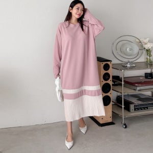 가을 50대 미시 중년여성 키큰여자 오버핏 99사이즈 밑단 배색 긴팔 롱 원피스