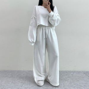 5465. (세트상품) 데끼포인트 무지 긴팔 크롭티셔츠, 레이어드 루즈핏 와이드핏 밴딩팬츠 트레이닝 츄리닝 꾸안꾸 셋업 투피스 - 블랙, 화이트, 그레이