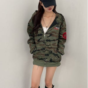 y2k 힙무드 스트릿 90 넘버 자수 패치 오버핏 루즈핏 카모플라주 후드집업 후드티