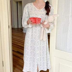 예고니 라떼 레이스 원피스 잠옷 긴팔 신혼 가을 파자마 홈웨어 머리끈포함