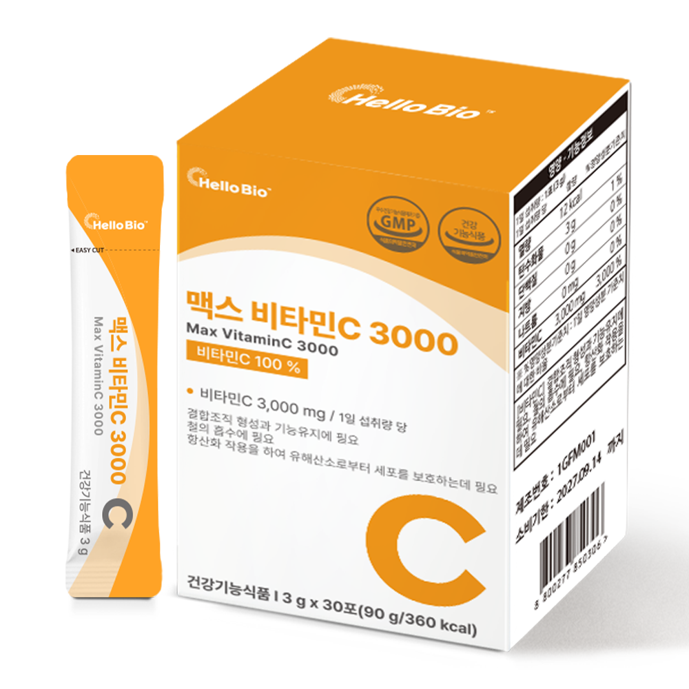 헬로바이오 맥스 <b>비타민C</b> 3000 <b>비타민</b>씨 고함량 고용량 분말 가루 스틱 30포, 1개