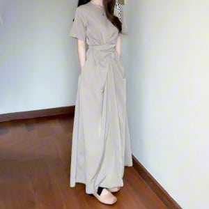 반팔롱원피스 허리꼬임 스트랩 라운드넥 루즈핏 매듭원피스