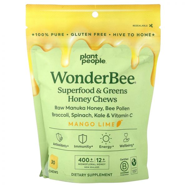 <b>플랜트</b> 피플 원더비 슈퍼푸드 그린 꿀 <b>허니</b> 츄 망고 라임 30 30정 Plant People WonderBee Superfood Greens Honey Chews Mango Lim