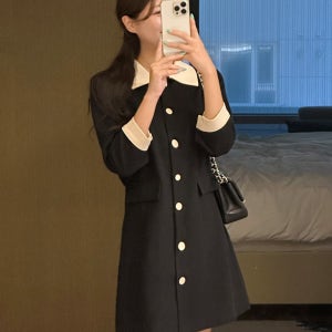 가을 결혼식 하객룩 원피스 7부 스판 편한 배색 여자 미니 원피스 블랙 44-88