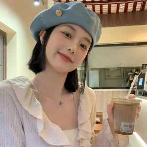 여자 청 베레모 스트랩 빵모자 헌팅캡 워싱 여성용 머리 팬싸템 퍼플 여름용 복고풍 원형 라이트블루 데님 라운드로고베레모