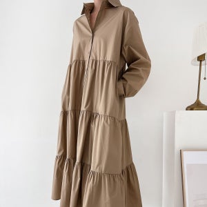 카라넥 셔츠 캉캉 플레어 코튼 롱원피스