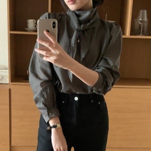 드레이프 리본 타이블라우스 브라운 블랙 스카프 블라우스